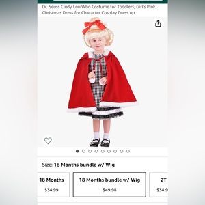 Cindy Lou Who costume with wig. 18 months. Like new